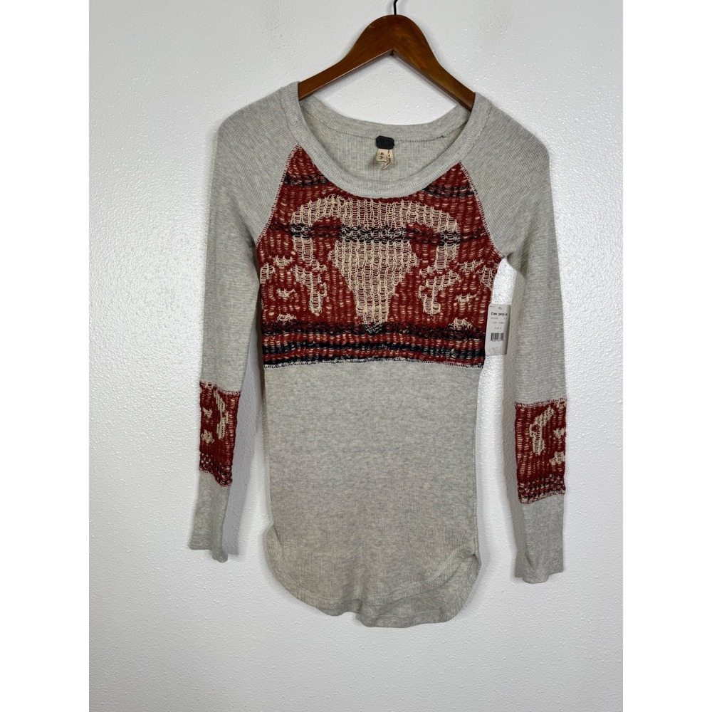 Free People We The Free Thermal Top Rust Combo Distressed Intarsia Small NWT